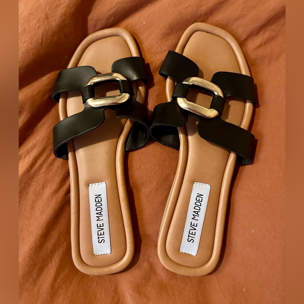 Steve Madden Black Slide Sandals with Gold Buckle